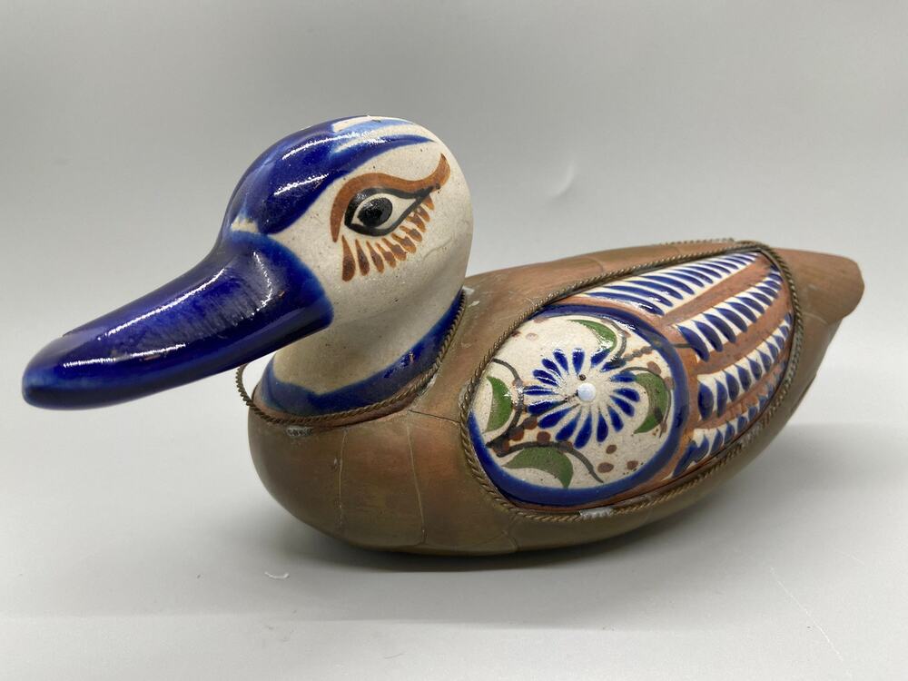 Vintage Mexican Folk Art Pottery Armored Duck with Brass Feathers Hand Painted